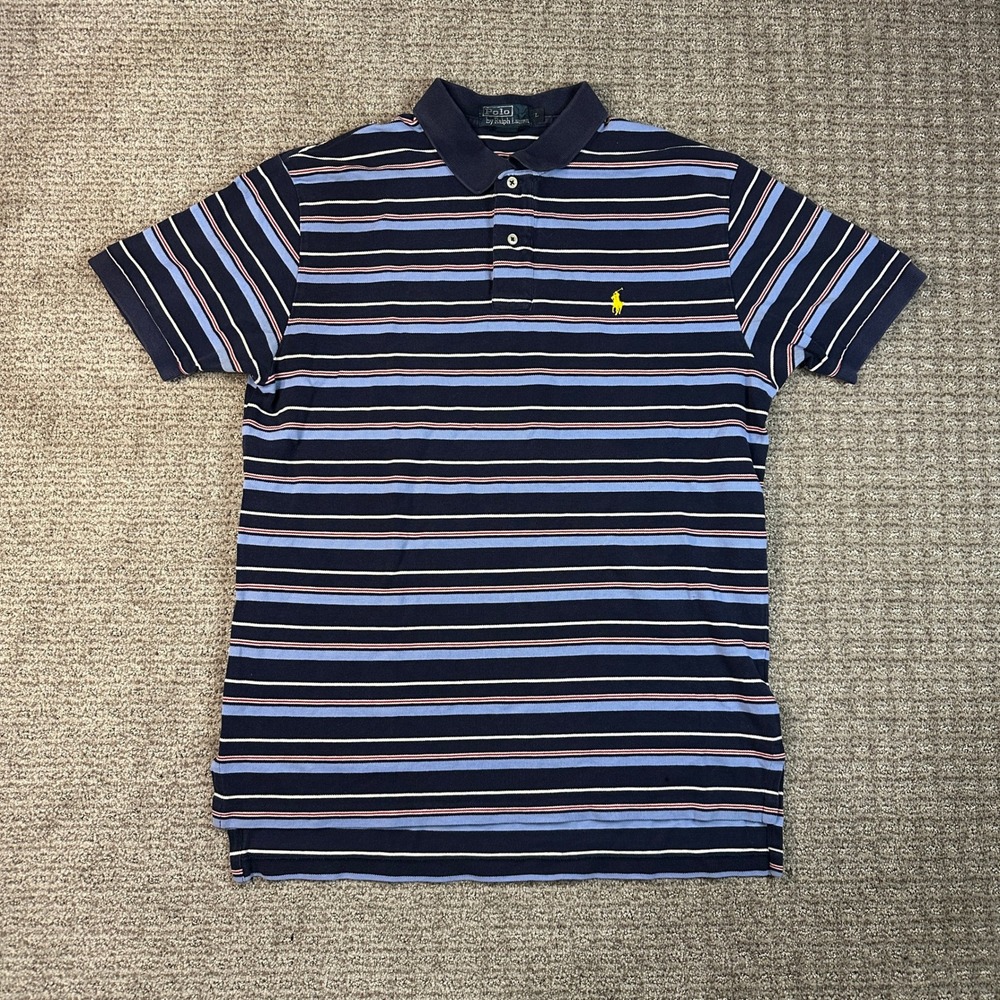 Polo Ralph Lauren Mens Large Striped Short Sleeve Polo Shirt Navy Blue Cotton